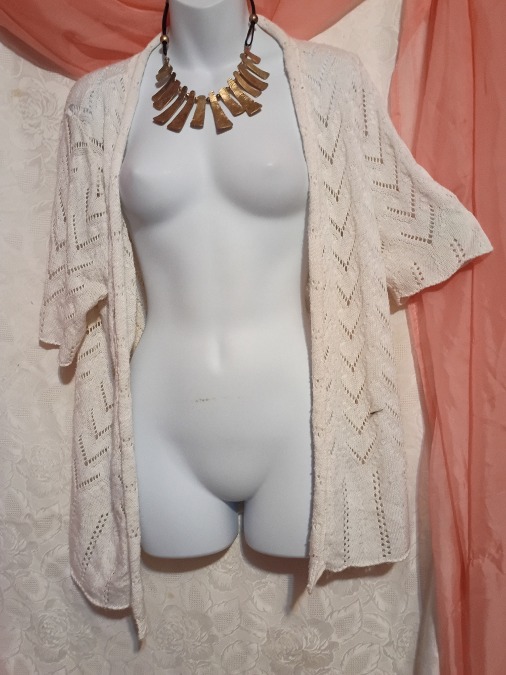 Kim Rogers Ladies Cream Open-Front Short-Sleeve Knit Cardigan Sz Lg
